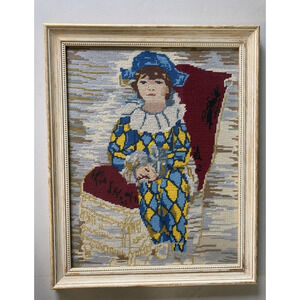Needlepoint Artwrok Picassos Son Paul Harlequin Costume Gold Professional Frame